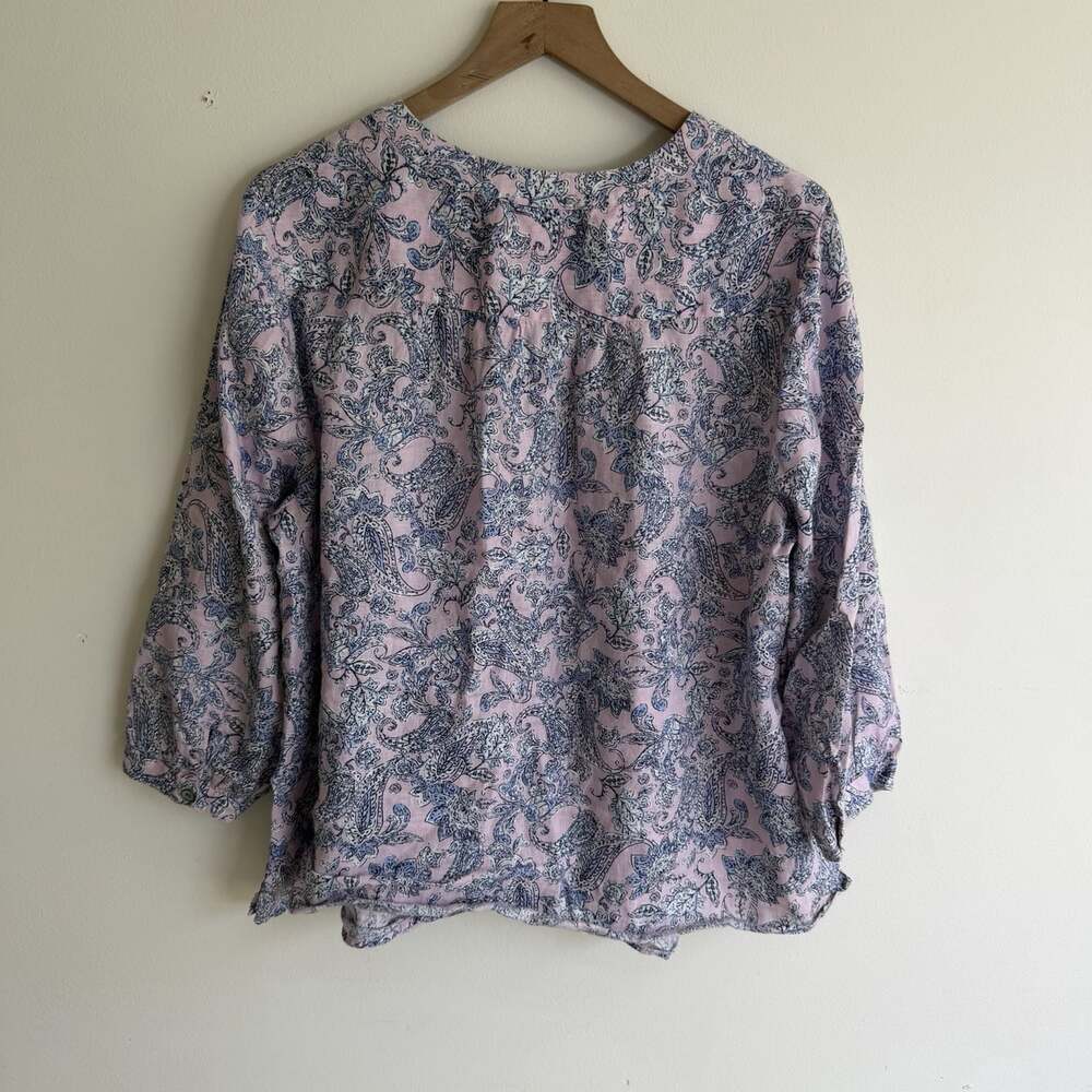 J. Jill Love 100% Linen Pleat Front Pink Blue Size XL Blouse Casual Paisley - Picture 2 of 6